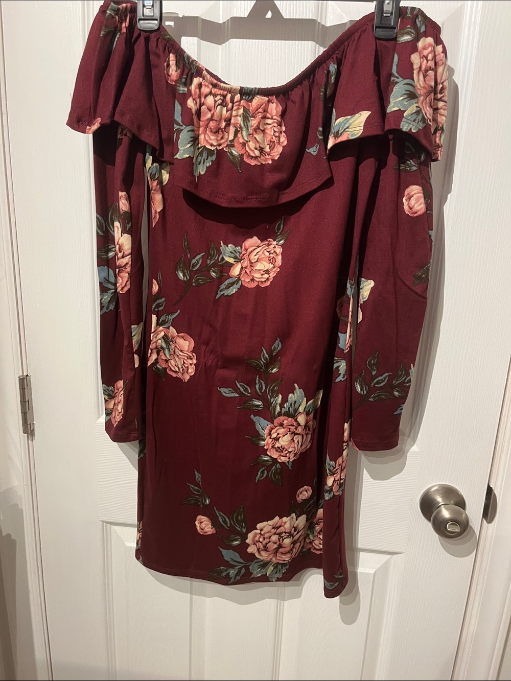 Polly & Esther Burgundy Floral Off-Shoulder Dress